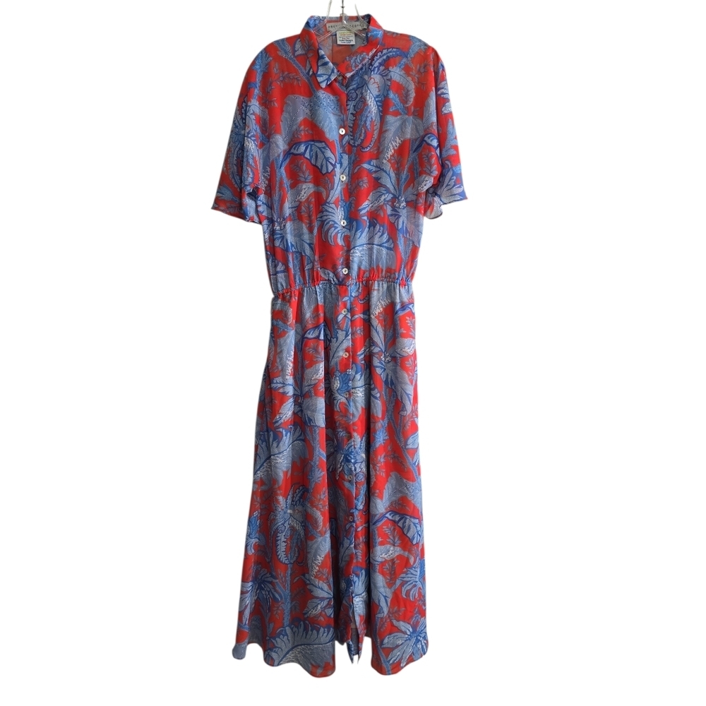 Gtetchen Scott Floral Maxi Shirt Dress Large Red Blue Button Front No Belt